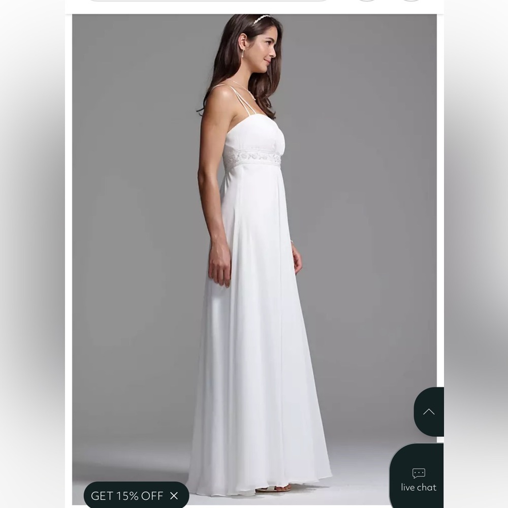 David's Bridal Ivory Empire Waist Spaghetti Strap Chiffon Bridal/Prom Gown 8 - Picture 4 of 16